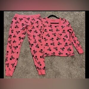 Skull & Crossbones Pajamas Set Women’s sz L by Leveret Pink/Blk Cotton Goth NEW